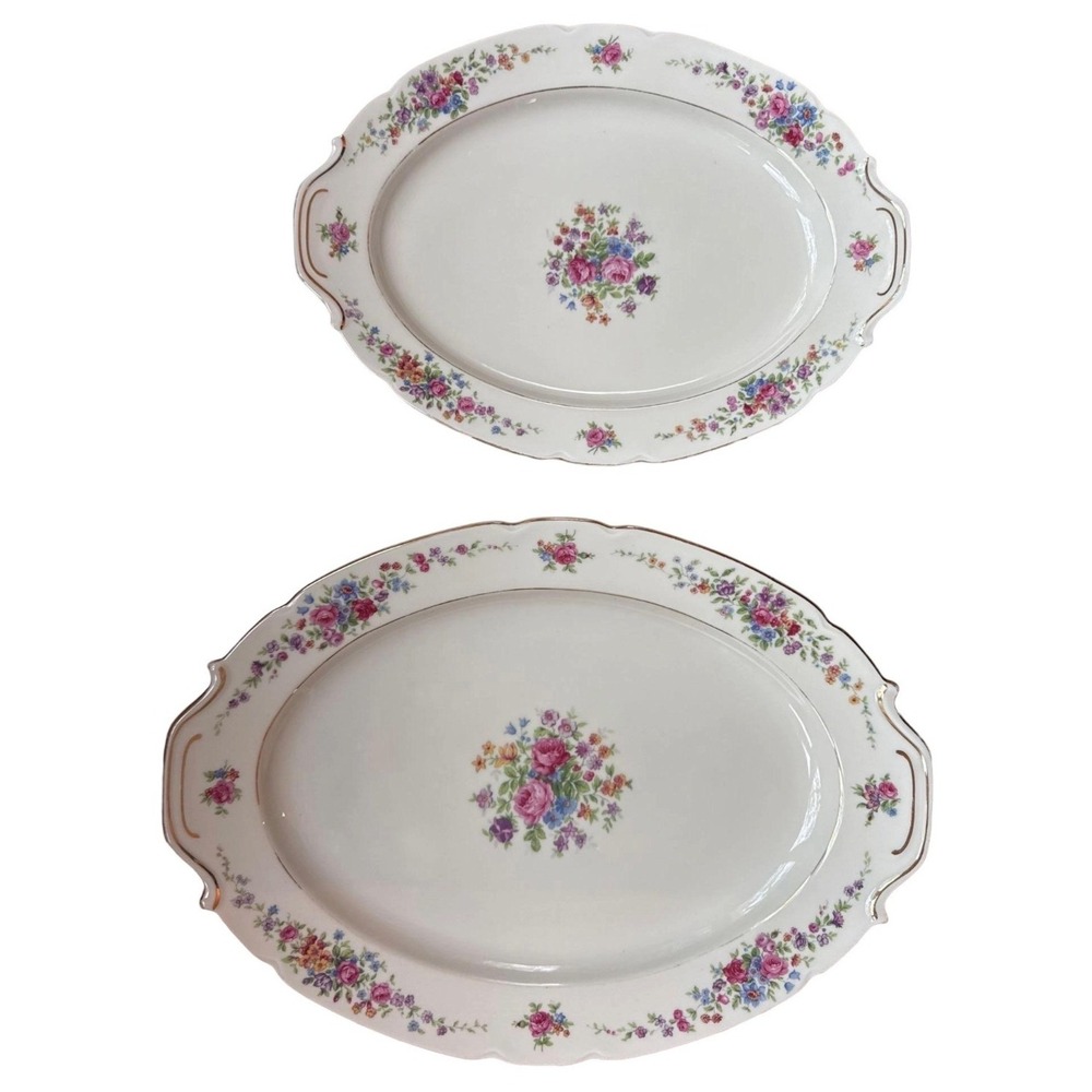Victoria Czech Oval Serving Platters Set Of  2 12" & 15" Floral VIT205 Vintage